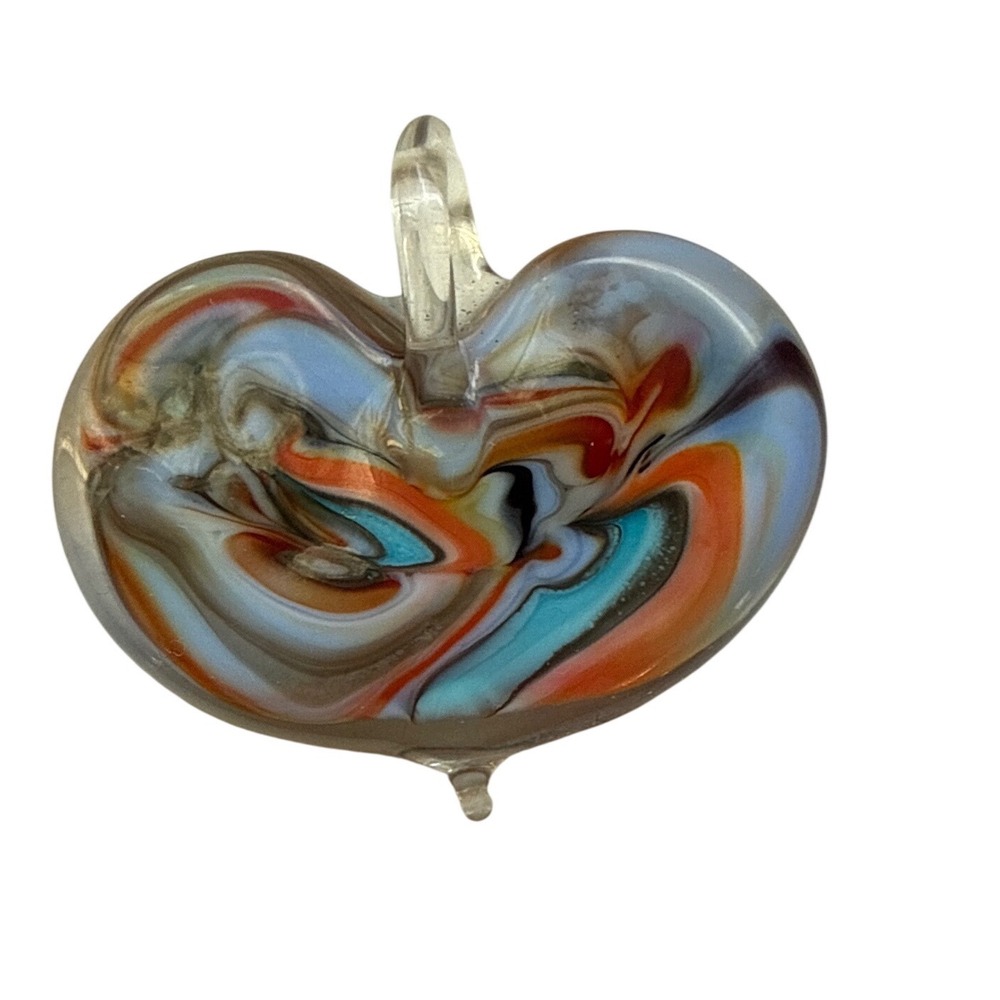 Hand Blown‎ Glass Heart Pendant Swirl Art Decor Orange Blue Grey Accent